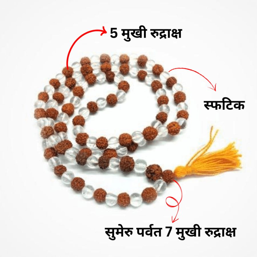 5 Mukhi Rudraksha Sphatik Mala 7 Mukhi Sumeru Parvat-108+1 Beads